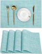 SHACOS Placemats Set of 4 Woven Vinyl Place Mats Wipeable Heat Resistant Washable Plastic Table Mats Indoor Outdoor, Blue