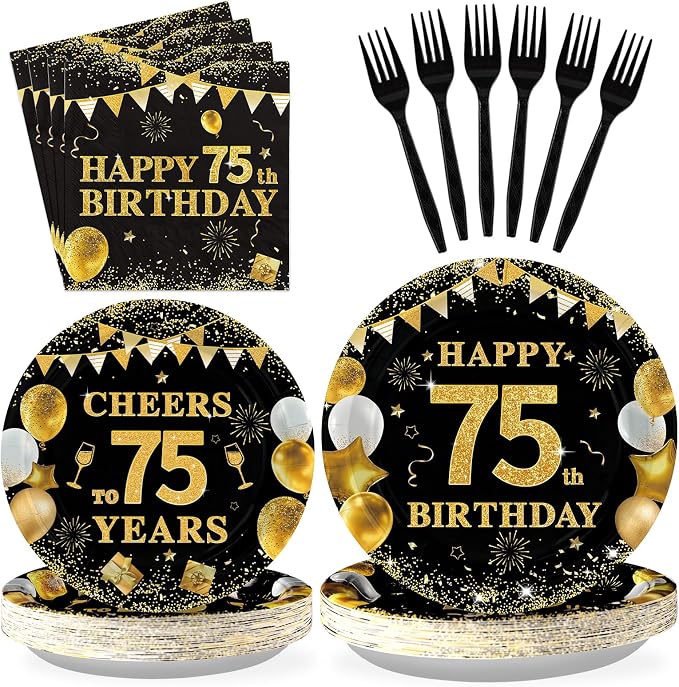 Grencian 96PCS 75th Birthday Party Decorations 75th Birthday Plates and Napkins by Grencian