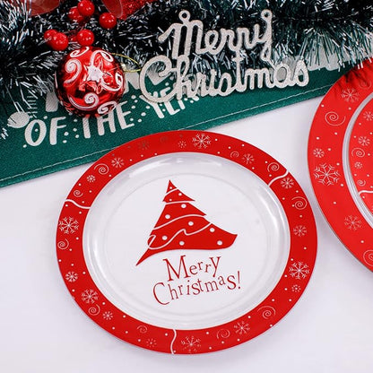 U-QE 60PCS Red and Clear Plastic Plates - Disposable Christmas Plastic Plates for 30 Guests Include 30 Dinner Plates 10.25’’ & 30 Dessert Plates 7.5’’, Premium Party Supplies for Christmas Theme Party