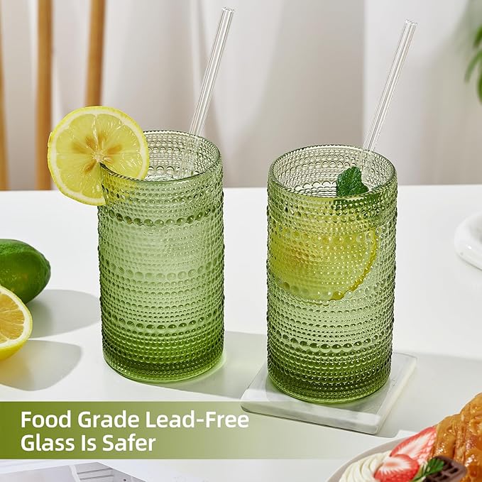 16oz Hobnail Drinking Glasses Set of 6, Vintage Large Capacity Embossed Green - Image 4
