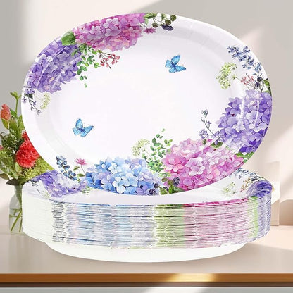 50 Pcs Hydrangea Flowers Oval Paper Plates Large 10"x12" Blue Purple Pink Hydrangea Floral Plates Disposable Heavy Duty Flower Plate for Spring Wedding Bridal Baby Shower Decoration Tea Party Supplies
