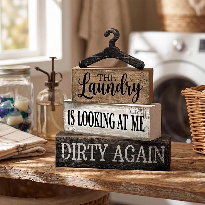 Moucuny 4 Pcs Farmhouse Laundry Room Decor and Accessories Stacked Blocks The - Image 6