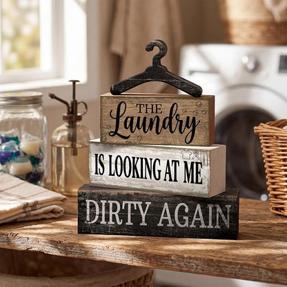 Moucuny 4 Pcs Farmhouse Laundry Room Decor and Accessories Stacked Blocks The - Image 6