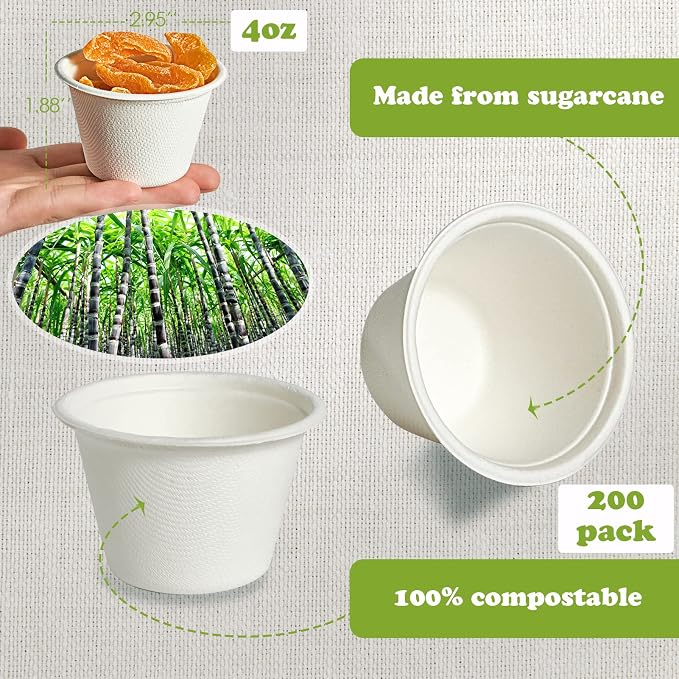 ECOLipak 200 Pack 4 oz Compostable Portion Cups, Biodegradable Souffle Cups | - Image 2