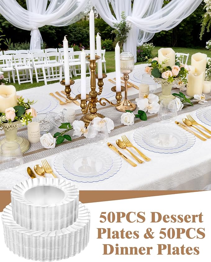 YOUBET 100PCS Clear Scalloped Plastic Plates - Image 2