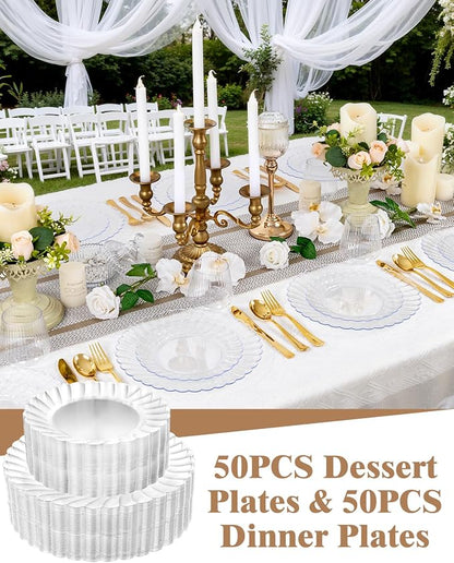 YOUBET 100PCS Clear Scalloped Plastic Plates - Image 2