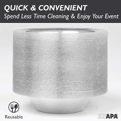 Ilyapa 100 Pack 12 ounce Silver Plastic Bowls, 12 oz Heavy Duty Disposable Plastic Bowls, 12oz Salad, Soup and Dessert Bowl, Wedding, Party Brunch, Silver Glitter