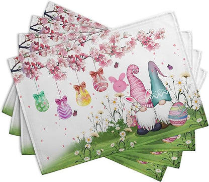 Easter Gnomes Bunny Placemats Set of 4 Easter Eggs Flowers Place Mat 12x18 Inch Seasonal Spring Farmhouse Washable Linen Table Mats for Party Kitchen Dining Outdoor Indoor Decor