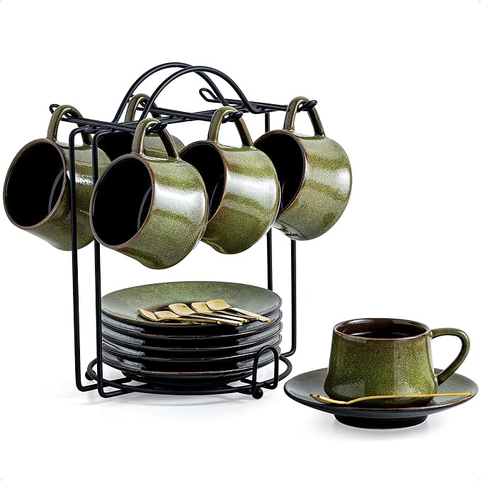 YHOSSEUN Ceramic Espresso Cups Set of 6, 4 Oz Expresso Shots Cup, Metal Stand & by YHOSSEUN