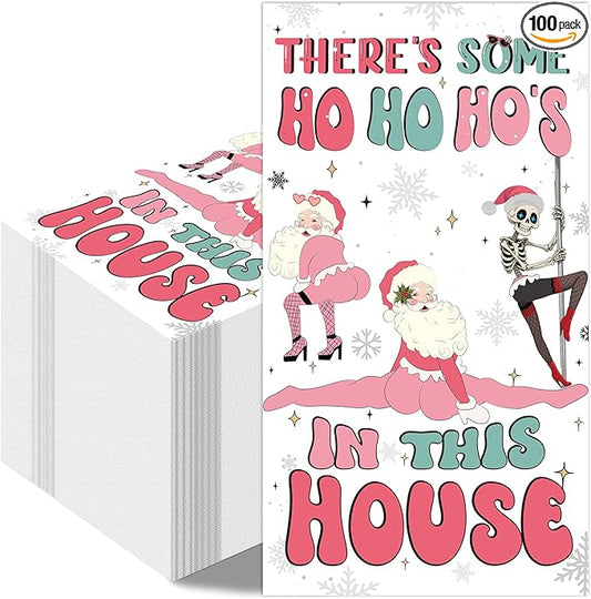Theres Some Ho Ho Hos in This House Napkins - 100 Pcs Pink Friendmas Christmas Party Decorations Funny Santa Cocktail Disposable Paper Dinner Holiday Table Party Supplies Decor for Adults