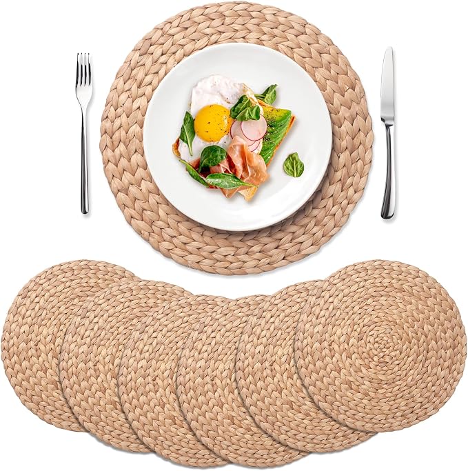 6 Pack, Round Woven Placemats, Natural Water Hyacinth Place mats, Braided Straw by YANGQIHOME