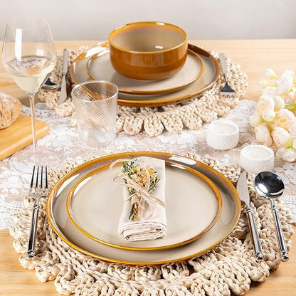LeRatio Ceramic Dinnerware Sets for 4,Porcelain Plates and Bowls Sets, Reactive Glaze Dishes Set,Chip Resistant and Scratch Resistant | Oven&Dishwasher & Microwave Safe,Service for 4-Kahki &Black