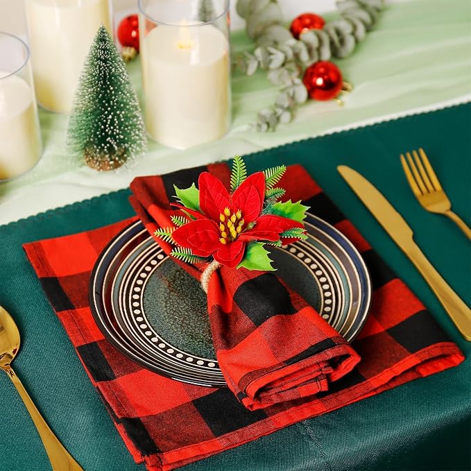 wonlex Flower Napkin Rings Set of 12, Farmhouse Red Green Napkin Rings Holder - Image 3