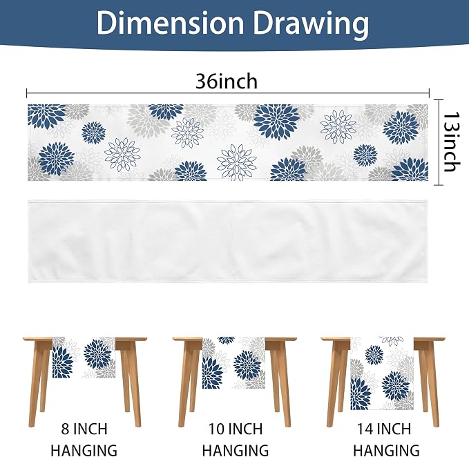 Dahlia Flower Table Runner 13x36 Inch Farmhouse Blue Gray Runners Modern Table - Image 7