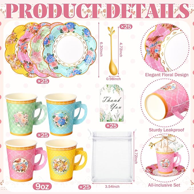 125 Pcs Tea Party Favors Set Floral Paper Teacups - Image 3