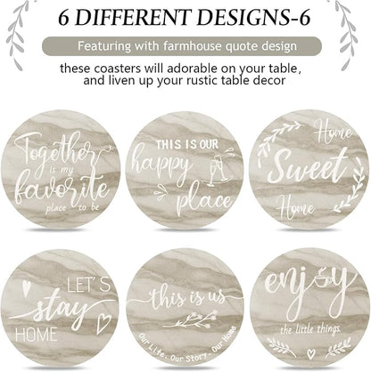 Queekay Coasters Set of 6 House Warming Gifts New Home Wooden Farmhouse Drink - Image 4