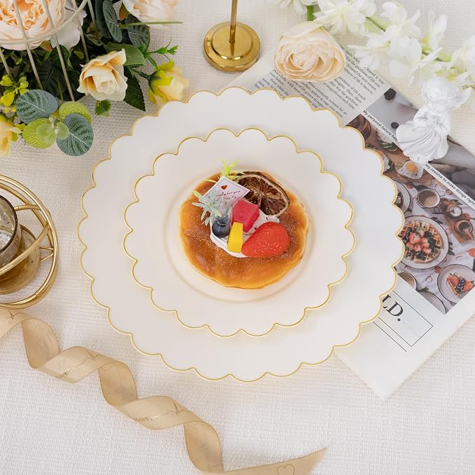 100pcs Scalloped Ivory Gold Plastic Plates, Elegant Party Plates | Includes 50 - Image 9