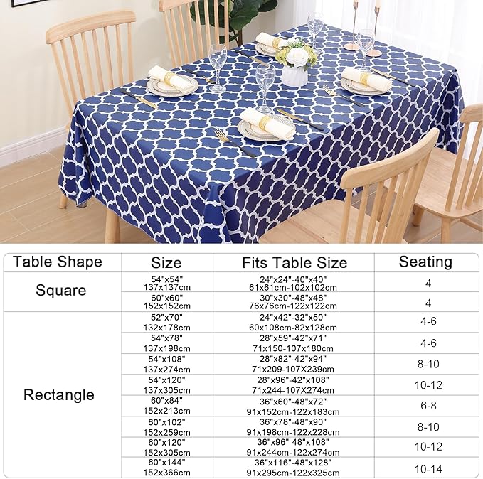 Smiry Rectangle Table Cloth Cover, Waterproof Vinyl Tablecloth with Flannel Backing for Rectangle Tables, Wipeable Spillproof Plastic Tablecloths for Dining, Camping and Indoor (60"x102", Navy)