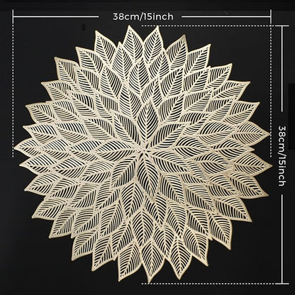 Placemats Set of 6, Round Hollow Out Flowers Place Mats for Dining Table Pressed Vinyl Blooming Leaf Table Mats for Holiday Party Wedding Accent Centerpiece Dinner Decoration (Gold)
