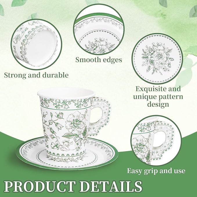 Whaline 80 Pcs Green White Floral Paper Tea Cups and Saucers Porcelain - Image 3