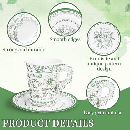 Whaline 80 Pcs Green White Floral Paper Tea Cups and Saucers Porcelain - Image 3