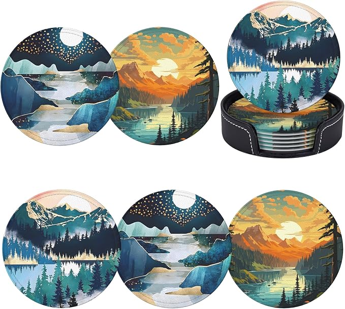 Landscape Mountain Leather Drinks Coasters by Unknown