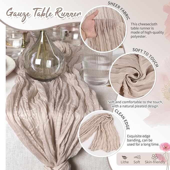 Showgeous 4 Pack Rosy Brown Cheesecloth Table Runner, 17 x 108 Inches | Boho - Image 3