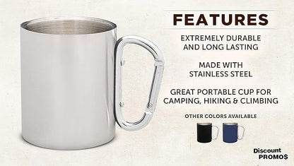 DISCOUNT PROMOS Stainless Steel Mugs with Carabiner Handle 10 oz. Set of 10, Bulk Pack - Perfect for Coffee, Soda, Other Hot & Cold Beverages - Silver