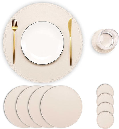 Set of 4 Faux Leather Round Placemats and Coasters, Coffee Mats Kitchen Table Mats, Waterproof, Easy to Clean for Kitchen Dining Round Table