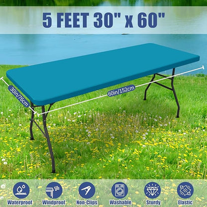 Spandex 5 Foot Rectangle Table Cloth 2 Pack, Elastic Fitted Tablecloths for Picnic, Stretch Washable Patio Table Cover for Outdoor, Camping, Banquet and Parties (Teal, 30"x60")