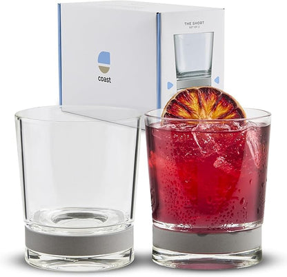 Coast Glassware The Short – Patented Lowball Tumbler with Built-In Stone Coaster Base – Absorbent, Surface-Protecting Whiskey & Cocktail Glasses – Premium Gift Pack (Set of 2) - 10 oz
