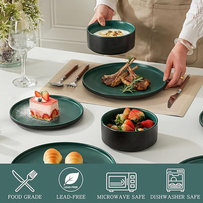 12 Piece Ceramic Dinnerware Set for 4, Modern Minimalist Stoneware Dinner Plates and Bowls, Microwave Safe, Dishwasher Safe, Versatile for All Seasons, Matte Green
