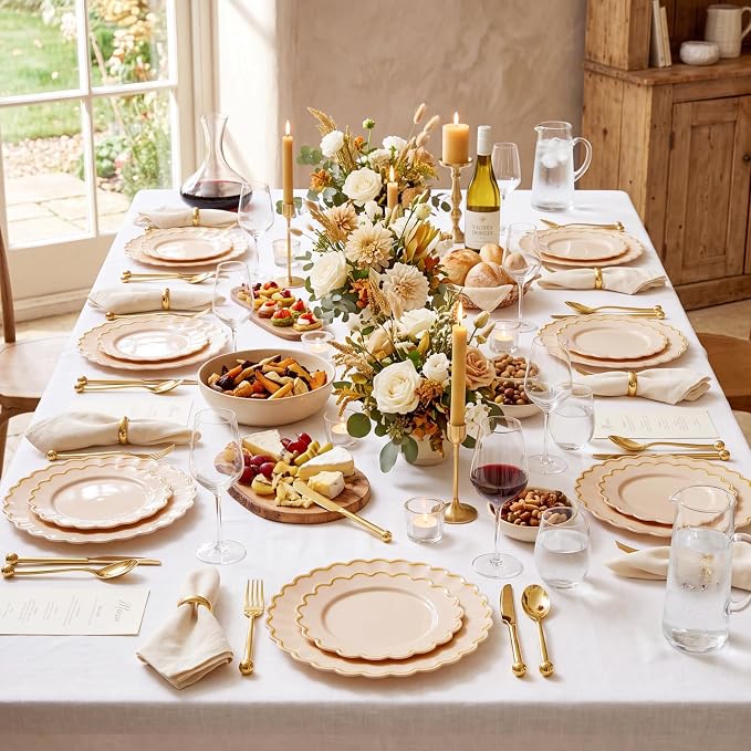 LIYH 100 Pcs Pink Plastic Plates Set, Wide Gold Scalloped Edge - Image 3
