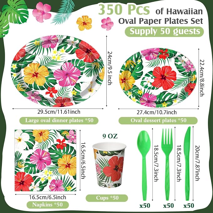 350 Pcs Luau Tropical Party Supplies 12 in Disposable Hawaiian Luau Oval Plates - Image 3