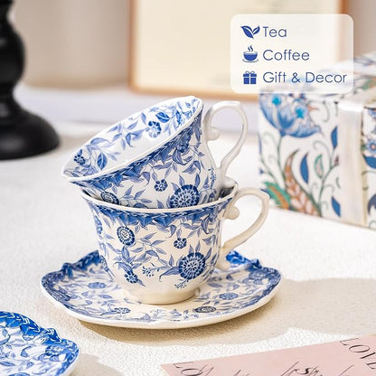 French style blue and white retro teacup and saucer set, 6.8 oz teacup and - Image 7