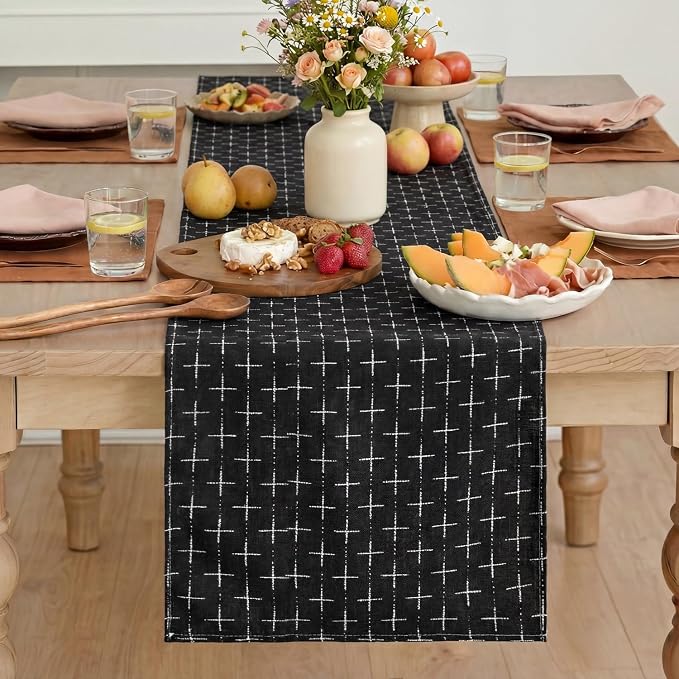 Artoid Mode Black Cross-Star Textured Table Runner, Seasonal Waterproof Rustic - Image 2