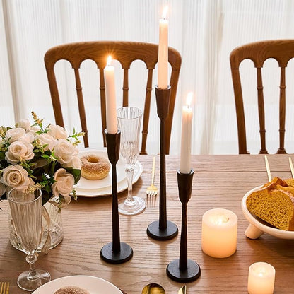 Cast Iron Taper Candle Holder Set of 3, Heavyweight Tall Candlestick Holders, for Fireplace Mantle & Dining Table, Versatile Decor for Wedding, Holiday, Home & Christmas (Black)