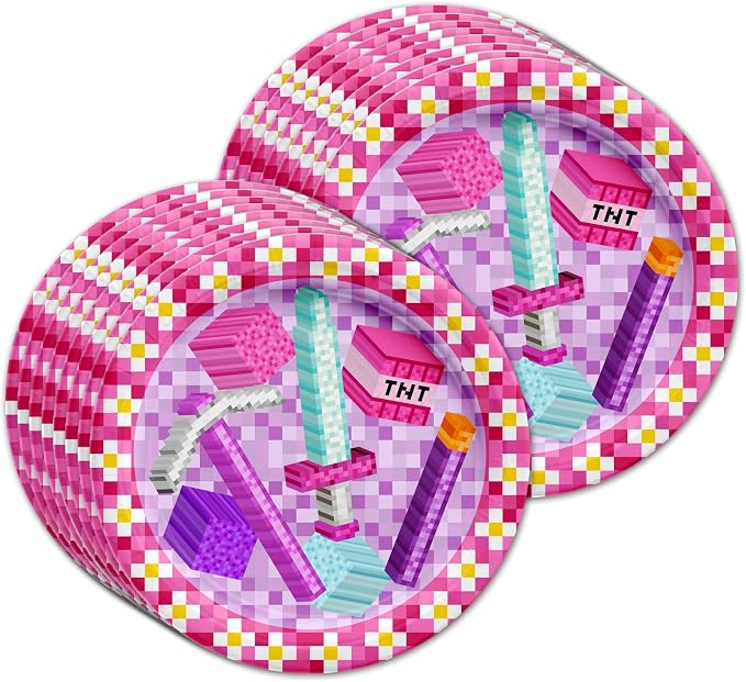 Girl Pixel Mining Birthday Party Supplies Set Plates Napkins Cups Tableware Kit - Image 2