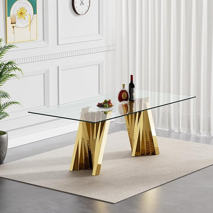 70" Glass Dining Table,Gold Dinner Room Glass Table for 6 8,Modern Kitchen Dinner Table with Stainless Steel Base and Clear Tempered Glass Top for Living Dining Room
