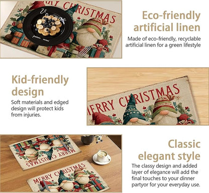 Table Placemats Set of 6, Waterproof Linen Fabric, Non-Slip Backing & Easy Clean, Elegant Dining Table Protectors for Family and Guests (Vintage Christmas Gnome)
