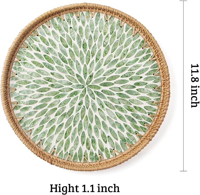 Round Rattan Tray with Mother of Pearl Inlay, Wooden Base | Coffee Table - Image 3