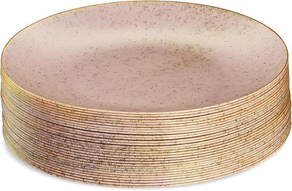 PLASTICPRO 30 Pack Disposable Plastic Plates Heavyweight Granite Look Elegant 10 inch Dinner Plates Pink with Gold Rim