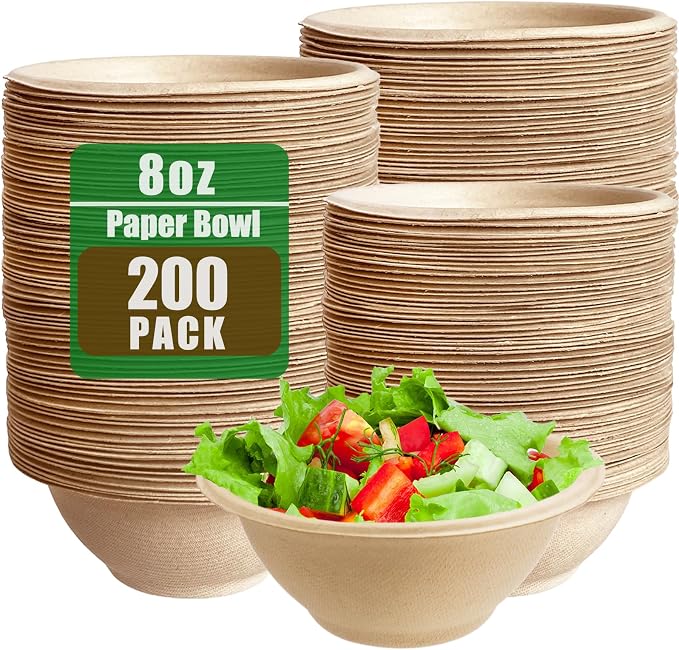 Tiaiidi 200 Pack Compostable Natural Paper Bowls, 8 oz Disposable Paper Bowls by Tiaiidi