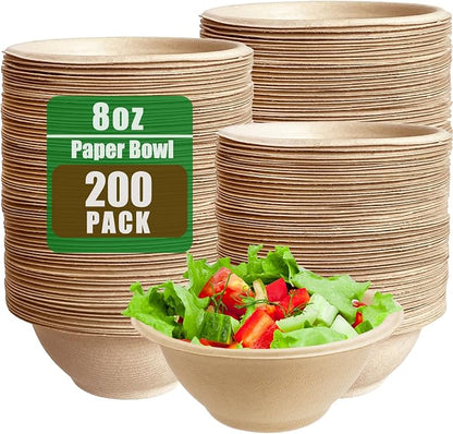 Tiaiidi 200 Pack Compostable Natural Paper Bowls, 8 oz Disposable Paper Bowls by Tiaiidi