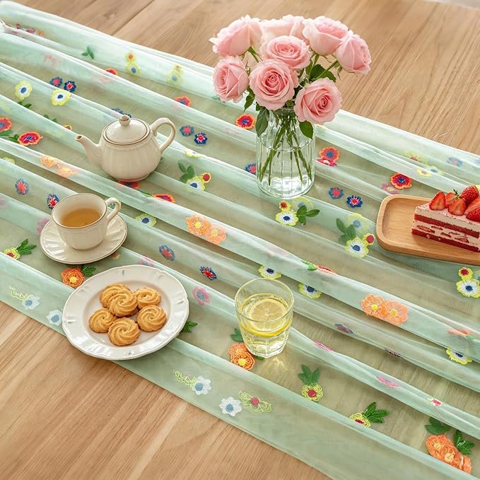 BINBE 1pcs Daisy Spring Table Runner Embroidery Gauze 10FT Florals Seasonal - Image 6