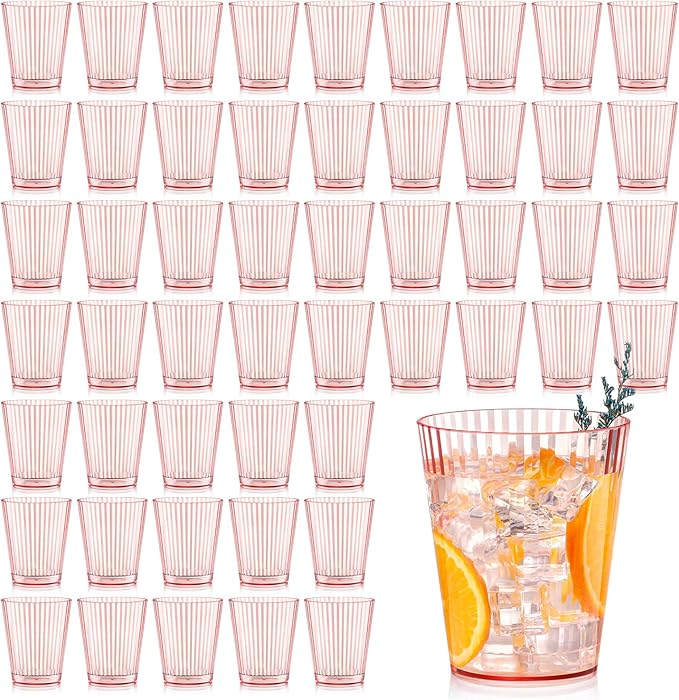 48 PCS Plastic Ribbed Drinking Glasses Pink 10oz Vintage Ripple Stemless Wine by SHIQIKEJIPTY