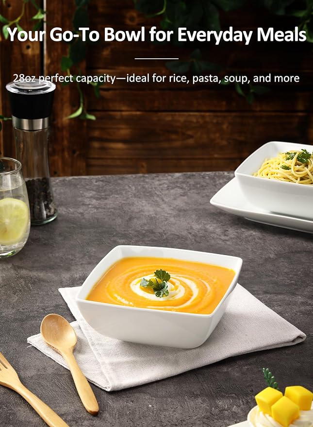 Porcelain Soup Bowls, 28 OZ Square Cereal Bowls, - Image 4