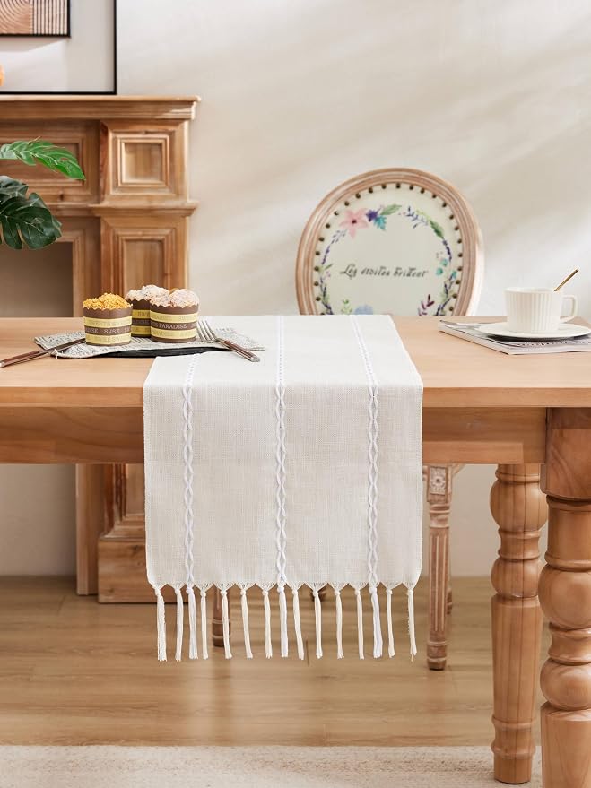 Braided Farmhouse Table Runner, Braided Beige 13x48 Inch, Cotton Linen Table - Image 2