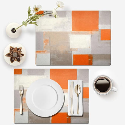 Mcalk Orange Table Runner and Placemats Set of 6, Abstract Brown Placemats, Modern Cloth Place Mats Indoor for Kitchen,Washable Linen Material for Dining Table