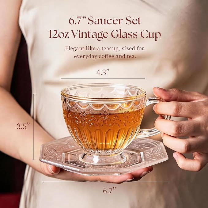 Vintage Glass Tea Cup and Saucer Set, 12 oz Large Coffee Cup | Handcrafted - Image 6